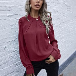 Schwarzes rotes grünes gerafftes Hemd Frauen 2021 Vollarm O Hals mit Knopf Damen Frühling Herbst Elegante Vintage Tops und Blusen Frauenhemd