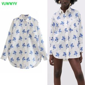 女性のための白いシャツのための青い印刷ボタンアップ女性長袖の特大の襟付きシャツ夏のプラスサイズのトップス210430