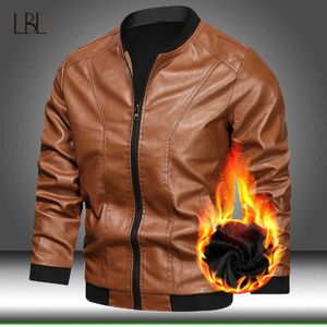 Leather Jacket Bomber Motorcycle Jacket Men Biker PU Baseball Jacket Plus Size 5XL Male Warm Fleece Outwear Zipper Faux Coat 211009