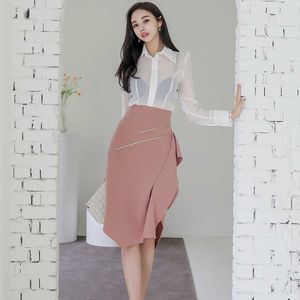 Autumn Office OL Womans perspective Shirt+ Ruffles irregular Pencil Skirts Sets for Woman Casual Ladies Two-pieces Suit 210529