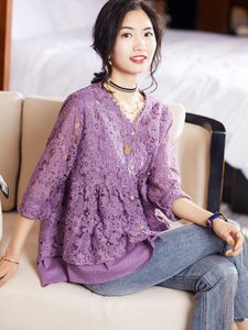 女性のブラウスシャツFalse ピース紫のレースプラスのサイズの特大の韓国のファッション春秋の服ビンテージトップ2021