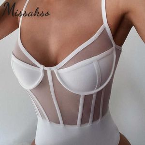 Missakso Mesh See Through Bodysuit Party Club Summer Black White Women Sexy Skinny Backless Tops Rompers 210625