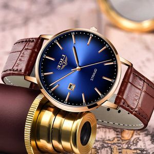 Lige Casual Couro Mens Relógios Top Marca Luxo Fashaion Gold Watch para Homens Esporte relógio de pulso impermeável relógio de quartzo 210527