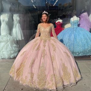 Rodna rosa puffy kjol quinceanera klänningar guld applique prom examen klänningar spets upp korsett prinsessa prom sweet 15 16 klänning