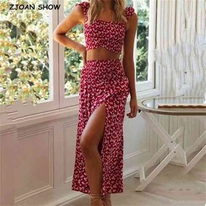 Bohemia Crop Top Wine red Floral Print Bra Tank Sexy Women Elastic High Waist Slit Long Skirt Ruched Camis 2 Pieces Set 210429