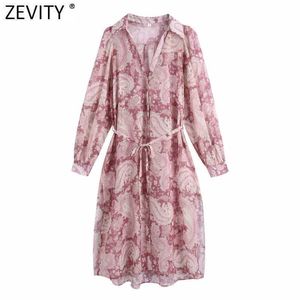 Zevity Women Vintage Cashew Nut Print Side Split Chiffon Shirt Dress Female Chic Totem Floral Sashes Business Vestido DS8273 210603