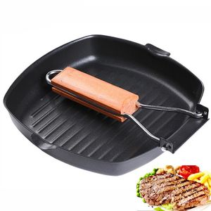 Wholesale square grill pan for sale - Group buy Pans Cast Iron Steak Grill Non Stick Frying Pan Wooden Handle Folding For Kitchen Fry Cooking Portable Square