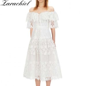 Elegant Carved Embroidery White Hollow Out Lace Dress Summer Women's Off Shoulder Strapless Ruffle Vacation Long Dresses 210416