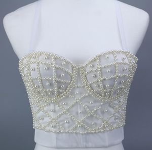 Sexy Pearls Beaded Bustier Corset Crop Top Camis Clubwear Party Cage Push up Tanks BH med avtagbara remmar Vit Svart XS S M L
