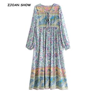 Kobiety Czeski Lace Up V Neck Lokalizacja Peacock Floral Print Sukienka Etniczna Tassel Długie Rękaw Suknie Femme Vestido 210429