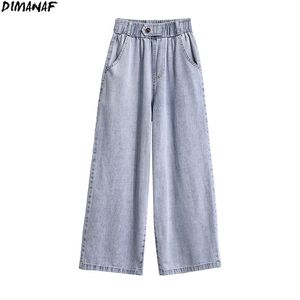 Dimanaf Plus Size Women Jeans Wide Leg Pants Knappar Hög midja Denim Kvinna Elastiska Blå Byxor Stor Oversize S-5XL 210708