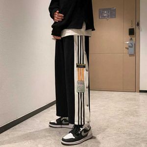 Side Split Buttons Breasted Men's Basketball Training Pants Loose Straight Cropped Trousers Male Stripe Jogging Pants X0723