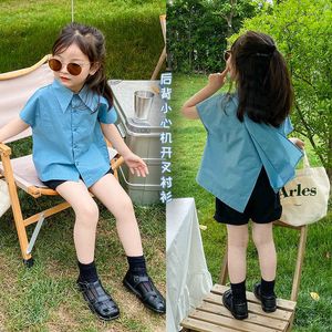 Summer Girls Temperament Solid Color Short Sleeve Shirts Korean chic Back Thin Tops Kids Clothes 210615