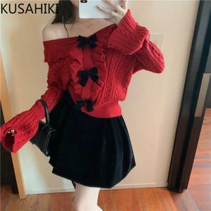 Bahar Tatlı Ilmek Kazak Kore Flare Uzun Kollu V Yaka Knitwear Tops Nedensel Kısa Örme Kazak 6E397 210603