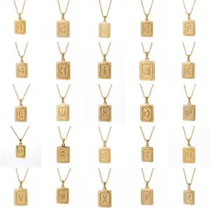 Fashion Oblong Square Pendant Alphabet Style Letter Necklaces Initials A To Z Letters Plate Charm With Background Pattern Gilding Chain Necklace Wholesale