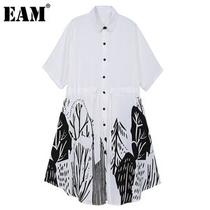 [Eam] Mulheres Branco Grande Tamanho Imprimir Sashes Ruffles Vestido Lapela Manga Curta Loose Fit Moda Primavera Verão 1d7143 210512