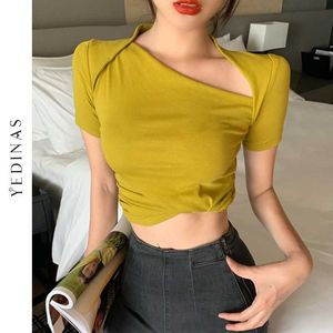 yedinas Summer Sexy Slim Tシャツの女性不規則な中空アウトTシャツ女性のソリッドファッション基本ティー韓国風ストリートウェア210527