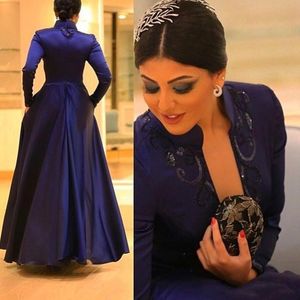 Custom Made Decent Satin Evening Dress High Neck Long Sleeve Dark Royal Blue Floor Length Charming Gowns Prom Dresses