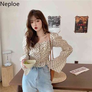 Neploe Korean Vintage Shirts Women Summer Sweet Blusas High Waist Slim Crop Top Elegant Polka Dot Square Collar Chiffon Blouse 210422