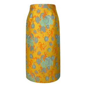 Yellow Floral Print Knee Length Straight Zipper Skirt Empire High Street Summer S0209 210514