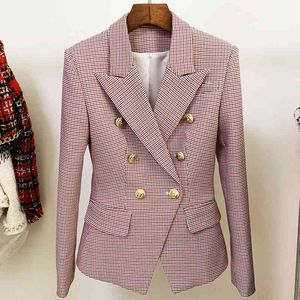 High Street Est Designer Jacka Kvinnors Klassiska Metallknappar Dubbelbröst Slim Montering Houndstooth Blazer 210521