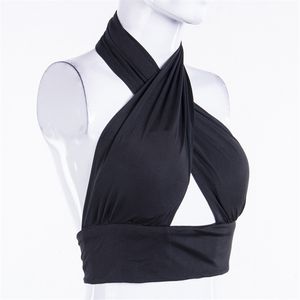 Women T-shirt Hollow Out Bandage Solid Color Sleeveless Sexy Halter Polyester Exposed Navel Slim Fitting Crop Top 210522