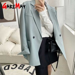 Autumn Solid Color Elegant Blue Blazer Women Jacket Women's Korean Style Loose V-neck Long Sleeve Black jackets for spring 210930