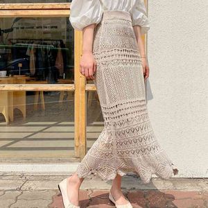 Summer Elegant Ladies Knitting Long Slim Skirts Women Hollow Out Elastic High Waist Korea Skirt Black Khaki 210520