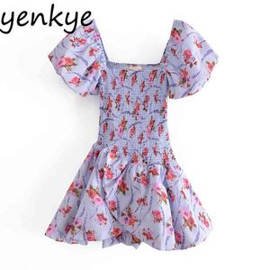 Summer Women Sweet Floral Print Tort Princess Dress Sexy Square Neck Rękawem Mini Robe Eleganckie Damskie Chic Vestido 210430