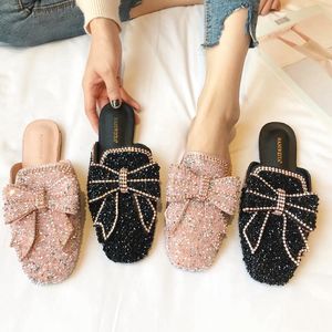 Тапочки Baotou Half Women's Swinestone Shoes Big Bow Square Flat Plat Soft Sole Muller Comfort Elegant Slipper Women