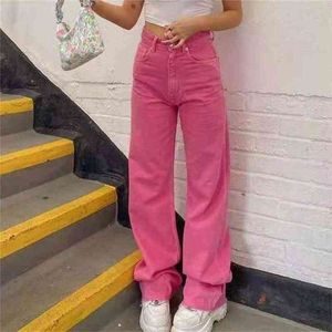 Kvinnor Jeans byxor Retro Brown Pocket Hög midja Straight Casual för Kvinnor Denim Jeans 210809