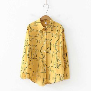 Koreanska Kawaii Pretty Cartoon Sweet Cat Print Blouse Autumn Lågar Långärmad Tee Top Loose Blusas Vintage Lolita DF2333 210609