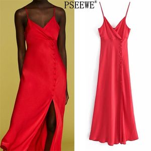 Dress Women Red Camisole Satin Long Dresses Summer Woman Fashion Button Backless Sexy Black Elegant Party 210519