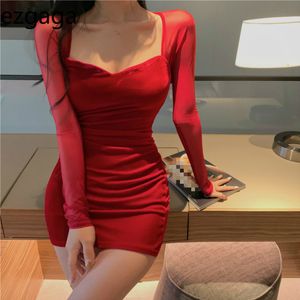 Ezgaga Sexy Bodycon Dress Women Fashion Long Sleeve Square Collar Backless Undefined Solid Party Dress Clubwear Vestidos 210430