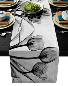 チューリップの花の黒と白のシルエットテーブルランナーリネン綿のテーブルの旗モダンパーティー結婚式の装飾ダイニングテーブルランナー211117