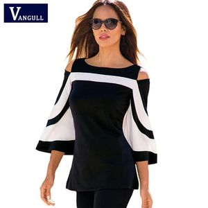 Siyah Zıltılı Bluz Bluzlar toptan satış-Kadın Bluz Siyah Beyaz Colorblock Bell Kol Gömlek Soğuk Omuz Üst Mujer Camisa Feminina Blusas Ofis Bayanlar Giysi Kadınlar Blou Tops