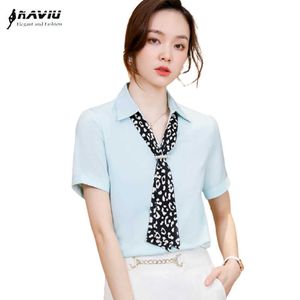 Naviu Fashion Scraf Design Women Blouses Short Sleeve Chiffon Shirt For Office Lady Style Formal Summer Wear 210604