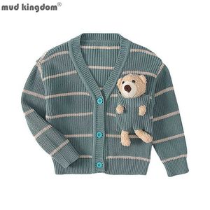 Mudkingdom Girls Chłopcy Knit Sweter Sweter z Niedźwiedź Doll Moda Pasek Miękkie Płaszcze Ribbed V-Neck Odzieży Odzieży Dla Dzieci Y1024