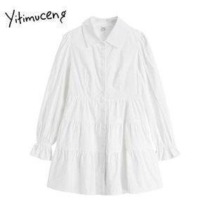 Yitimuceng White Shirt Dresses for Women Dress A-Line Solid Spring Button Single Breasted Long Sleeve Fashion Office Lady 210601