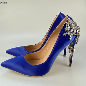 Rontic handgefertigte Damen-Pumps, sexy Strass-Stiletto-Absätze, spitze Zehen, elegante blaue Satin-Partykleid-Schuhe, Übergröße, US-Größe 5–15