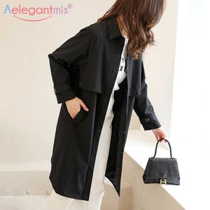 AelegantMis Black Black Single Breasted Button Casual Lungo Trench Coat Donne Autunno Vestiti Autunno Elegante Outwear Ladies Giabina a vento 210607