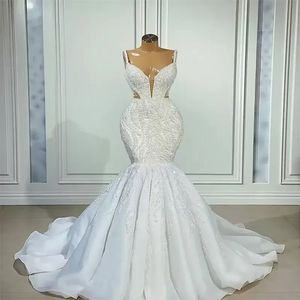 Luksusowe Koronki Suknie Ślubne Syrenki Suknie Ślubne Suknie Ślubne Spaghetti V Neck Sweep Train Robe de Soirée Mariage Pro232