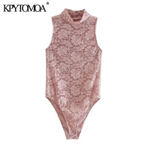 Kvinnor Sexig Mode Se genom spets Bodysuits Vintage High Neck Ärmlös Kvinna Playsuits Chic Toppar 210416