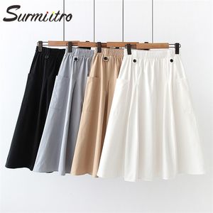 Primavera verão joelho comprimento mulheres estilo coreano preto botão branco bolso alta cintura sol escola midi saia fêmea 210421