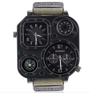 GMT Dual Time Military Mens Watch rostfritt st￥lfodral Back Outdoor Quartz Watches Canvas Band Compass 50mm Large Square Dial Masculine Armturs