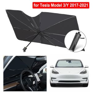 För Tesla Model 3 Y 2017-2021 Bil Sunshade Windshield Paraply Upgrade Foldbar Front Window Sun Shade Screen Car Accessories