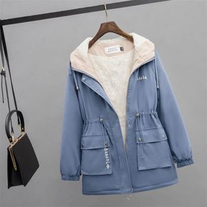 Mid-Length Trench Coat Kvinnor Höst Vinter Casual Hooded Plus Velvet Loose Parkas Outwear Femme Drawstring Waist Warm Jacket 210522