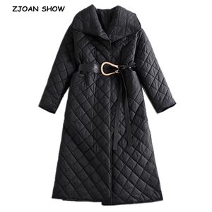 Winter Revers Quilten Plaid Bleiben Warm Parka Mantel Mit Gürtel Frauen Extra lange Graben Jacke Oberbekleidung Elegante Schwarz 210429