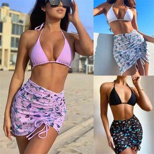 Sexy Three Pieces Bikini Set Push Up Halter Women's Swimwear Drawstring Swimsuit V Neck Beach Wear Biquini 210621