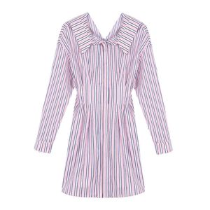 Women Spring Dress Lace Up Turn Down Collar Long Sleeve A-line Elegant Mini Striped Pink D1908 210514